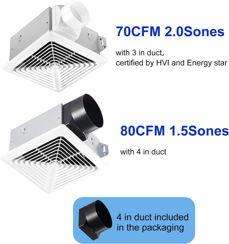 VENTECHLATION Bathroom Exhaust Fan 80 CFM,4-Inch Duct - 70CFM,3-Inch Duct outlet included,Easy to Install,Quiet Energy-Saving Household Ventilation Fan,Ceiling or Wall Mounted, Classic White Grille - Image 2